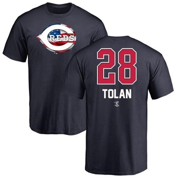 Men's Cincinnati Reds Bobby Tolan ＃28 Name and Number Banner Wave T-Shirt - Navy