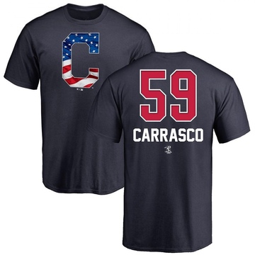 Men's Cleveland Guardians Carlos Carrasco ＃59 Name and Number Banner Wave T-Shirt - Navy