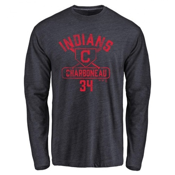 Men's Cleveland Guardians Joe Charboneau ＃34 Base Runner Long Sleeve T-Shirt - Navy