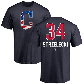 Men's Cleveland Guardians Peter Strzelecki ＃34 Name and Number Banner Wave T-Shirt - Navy