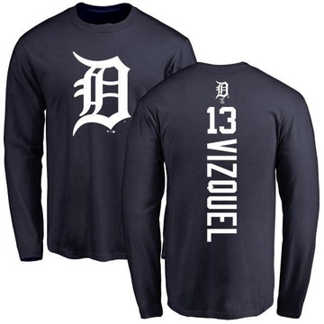 Men's Detroit Tigers Omar Vizquel ＃13 Backer Long Sleeve T-Shirt - Navy