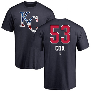 Men's Kansas City Royals Austin Cox ＃53 Name and Number Banner Wave T-Shirt - Navy