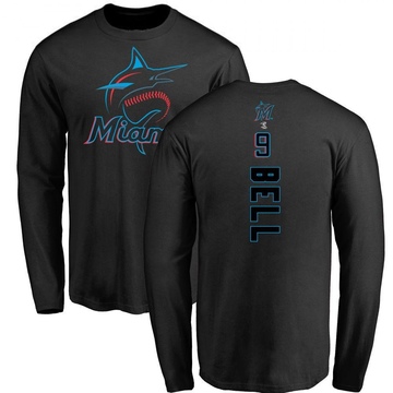 Men's Miami Marlins Josh Bell ＃9 Backer Long Sleeve T-Shirt - Black