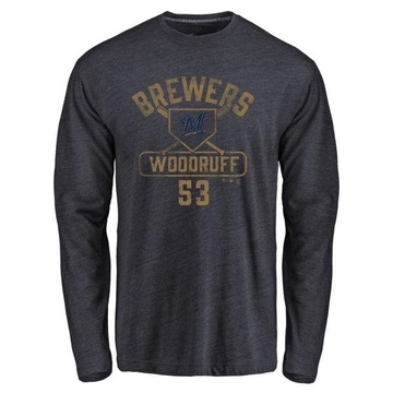 Men's Milwaukee Brewers Brandon Woodruff ＃53 Base Runner Long Sleeve T-Shirt - Navy