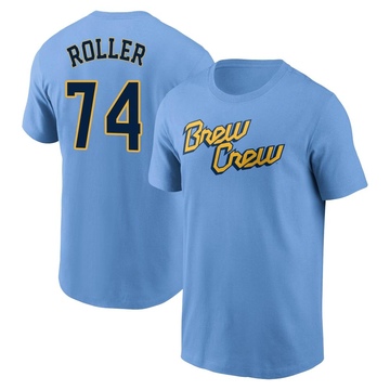 Men's Milwaukee Brewers Chris Roller ＃74 Powder 2022 City Connect Name & Number T-Shirt - Blue