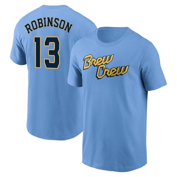 Men's Milwaukee Brewers Glenn Robinson ＃13 Powder 2022 City Connect Name & Number T-Shirt - Blue