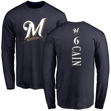 Men's Milwaukee Brewers Lorenzo Cain ＃6 Backer Long Sleeve T-Shirt - Navy