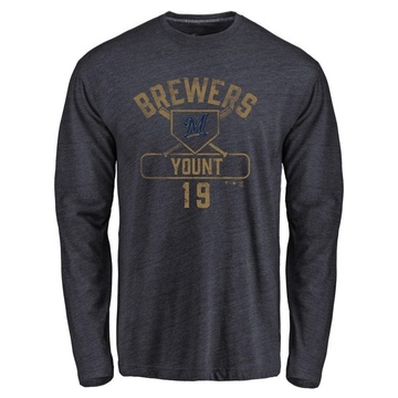 Men's Milwaukee Brewers Robin Yount ＃19 Base Runner Long Sleeve T-Shirt - Navy