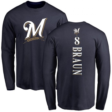 Men's Milwaukee Brewers Ryan Braun ＃8 Backer Long Sleeve T-Shirt - Navy