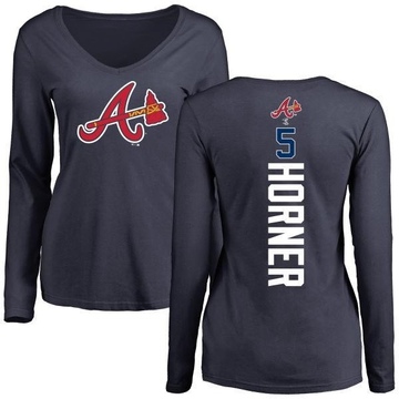 Women's Atlanta Braves Bob Horner ＃5 Backer Slim Fit Long Sleeve T-Shirt - Navy