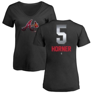 Women's Atlanta Braves Bob Horner ＃5 Midnight Mascot V-Neck T-Shirt - Black