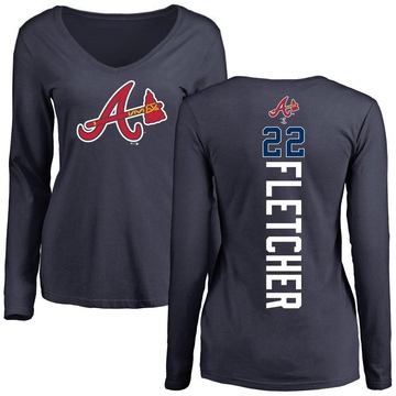 Women's Atlanta Braves David Fletcher ＃22 Backer Slim Fit Long Sleeve T-Shirt - Navy