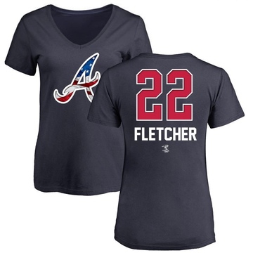 Women's Atlanta Braves David Fletcher ＃22 Name and Number Banner Wave V-Neck T-Shirt - Navy