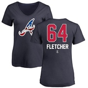 Women's Atlanta Braves David Fletcher ＃64 Name and Number Banner Wave V-Neck T-Shirt - Navy