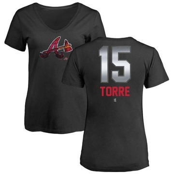 Women's Atlanta Braves Joe Torre ＃15 Midnight Mascot V-Neck T-Shirt - Black