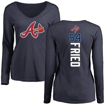 Women's Atlanta Braves Max Fried ＃54 Backer Slim Fit Long Sleeve T-Shirt - Navy
