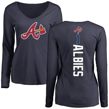 Women's Atlanta Braves Ozzie Albies ＃1 Backer Slim Fit Long Sleeve T-Shirt - Navy