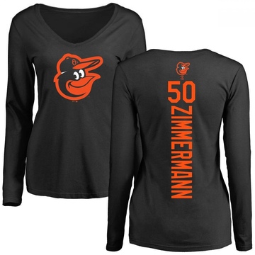 Women's Baltimore Orioles Bruce Zimmermann ＃50 Backer Slim Fit Long Sleeve T-Shirt - Black