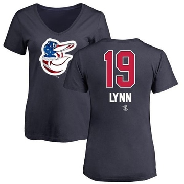 Women's Baltimore Orioles Fred Lynn ＃19 Name and Number Banner Wave V-Neck T-Shirt - Navy