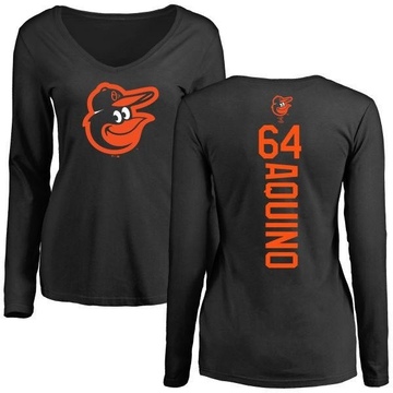 Women's Baltimore Orioles Jayson Aquino ＃64 Backer Slim Fit Long Sleeve T-Shirt - Black