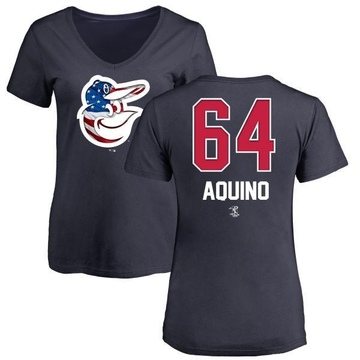 Women's Baltimore Orioles Jayson Aquino ＃64 Name and Number Banner Wave V-Neck T-Shirt - Navy
