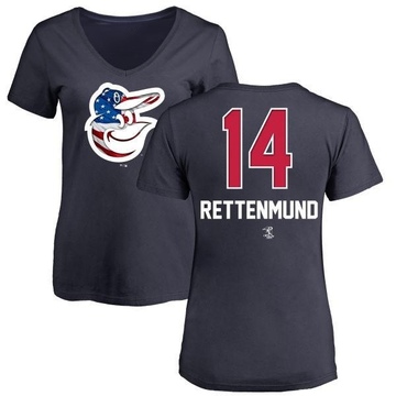 Women's Baltimore Orioles Merv Rettenmund ＃14 Name and Number Banner Wave V-Neck T-Shirt - Navy