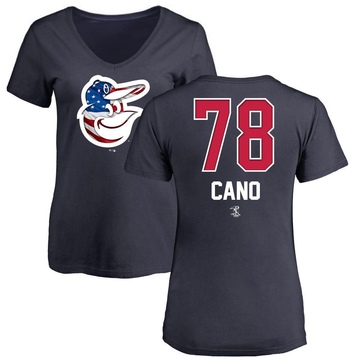 Women's Baltimore Orioles Yennier Cano ＃78 Name and Number Banner Wave V-Neck T-Shirt - Navy
