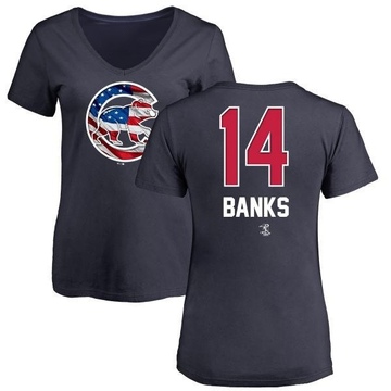Women's Chicago Cubs Ernie Banks ＃14 Name and Number Banner Wave V-Neck T-Shirt - Navy
