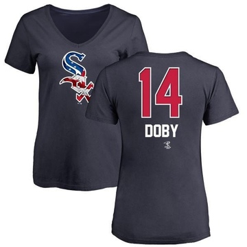 Women's Chicago White Sox Larry Doby ＃14 Name and Number Banner Wave V-Neck T-Shirt - Navy