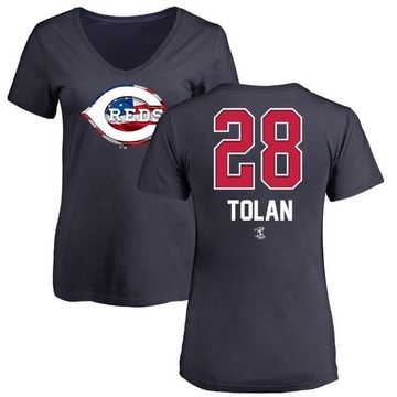 Women's Cincinnati Reds Bobby Tolan ＃28 Name and Number Banner Wave V-Neck T-Shirt - Navy