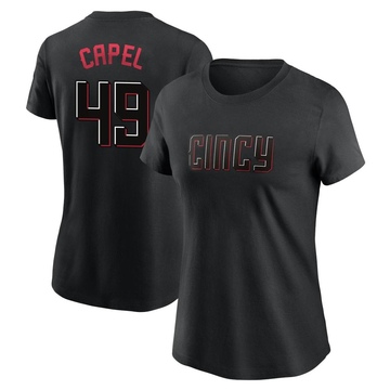 Women's Cincinnati Reds Conner Capel ＃49 2023 City Connect Name & Number T-Shirt - Black