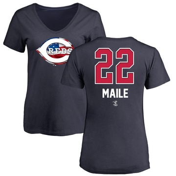 Women's Cincinnati Reds Luke Maile ＃22 Name and Number Banner Wave V-Neck T-Shirt - Navy