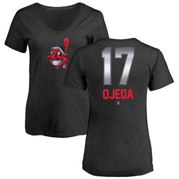 Women's Cleveland Guardians Bob Ojeda ＃17 Midnight Mascot V-Neck T-Shirt - Black