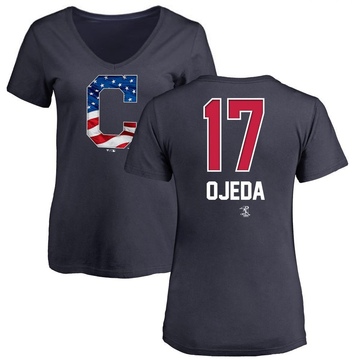 Women's Cleveland Guardians Bob Ojeda ＃17 Name and Number Banner Wave V-Neck T-Shirt - Navy