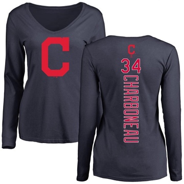 Women's Cleveland Guardians Joe Charboneau ＃34 Backer Slim Fit Long Sleeve T-Shirt - Navy