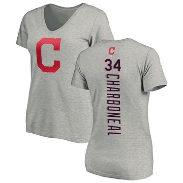 Women's Cleveland Guardians Joe Charboneau ＃34 Backer Slim Fit T-Shirt Ash