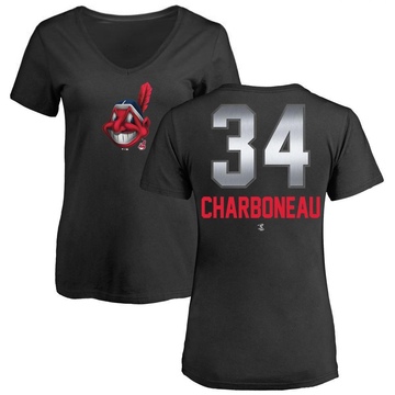 Women's Cleveland Guardians Joe Charboneau ＃34 Midnight Mascot V-Neck T-Shirt - Black