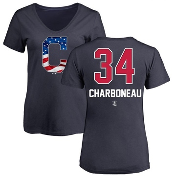 Women's Cleveland Guardians Joe Charboneau ＃34 Name and Number Banner Wave V-Neck T-Shirt - Navy