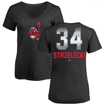 Women's Cleveland Guardians Peter Strzelecki ＃34 Midnight Mascot V-Neck T-Shirt - Black