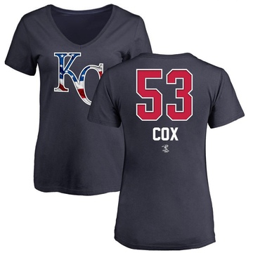 Women's Kansas City Royals Austin Cox ＃53 Name and Number Banner Wave V-Neck T-Shirt - Navy