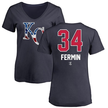 Women's Kansas City Royals Freddy Fermin ＃34 Name and Number Banner Wave V-Neck T-Shirt - Navy