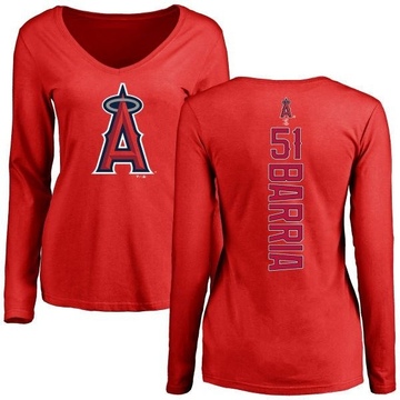 Women's Los Angeles Angels Jaime Barria ＃51 Backer Slim Fit Long Sleeve T-Shirt - Red