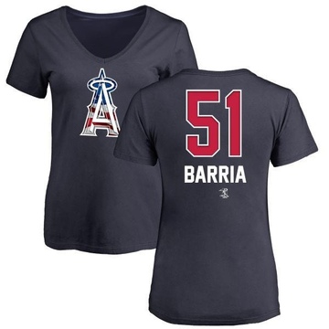 Women's Los Angeles Angels Jaime Barria ＃51 Name and Number Banner Wave V-Neck T-Shirt - Navy