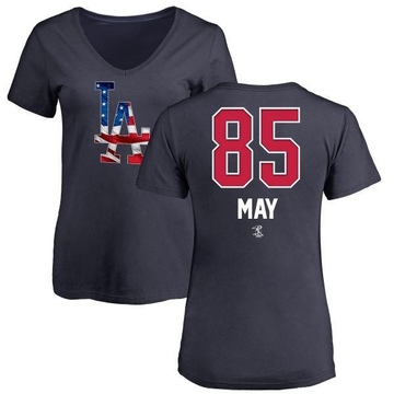 Women's Los Angeles Dodgers Dustin May ＃85 Name and Number Banner Wave V-Neck T-Shirt - Navy