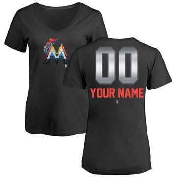 Women's Miami Marlins Custom ＃00 Midnight Mascot V-Neck T-Shirt - Black