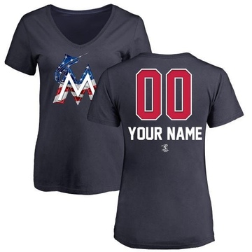 Women's Miami Marlins Custom ＃00 Name and Number Banner Wave V-Neck T-Shirt - Navy