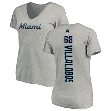 Women's Miami Marlins Eli Villalobos ＃68 Backer Slim Fit T-Shirt Ash