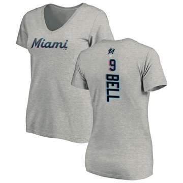 Women's Miami Marlins Josh Bell ＃9 Backer Slim Fit T-Shirt Ash