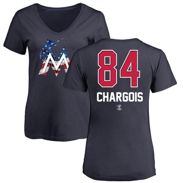 Women's Miami Marlins JT Chargois ＃84 Name and Number Banner Wave V-Neck T-Shirt - Navy