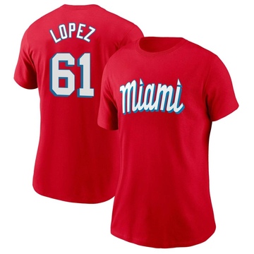 Women's Miami Marlins Otto Lopez ＃61 City Connect Name & Number T-Shirt - Red